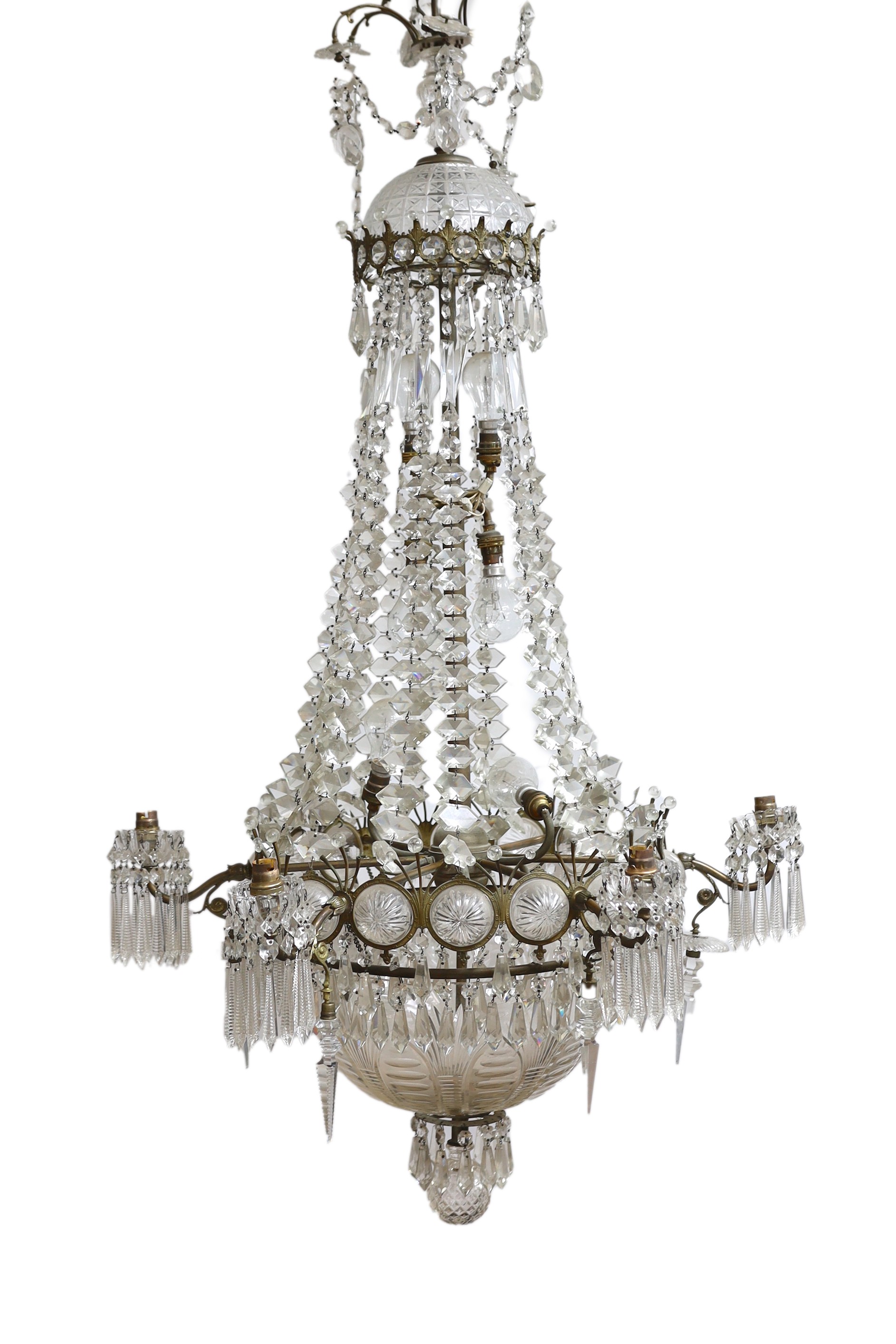 An Edwardian cut glass chandelier, drop 140cm diameter 70cm